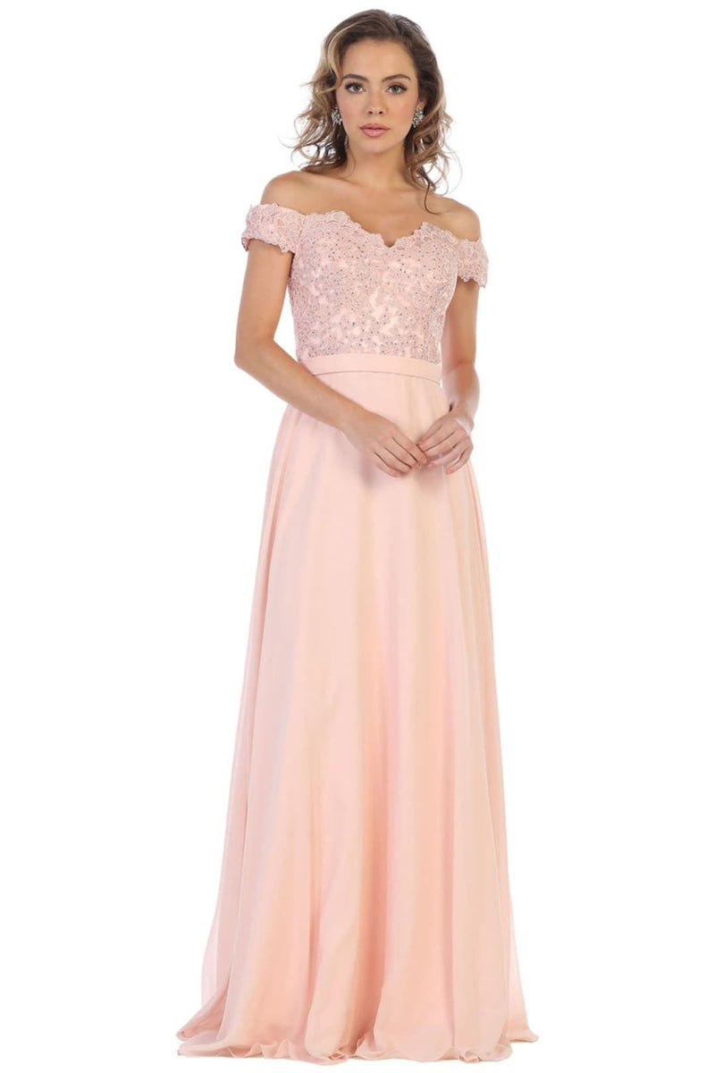 May Queen MQ1601 Off The Shoulder A-Line Corset Back Prom Gown