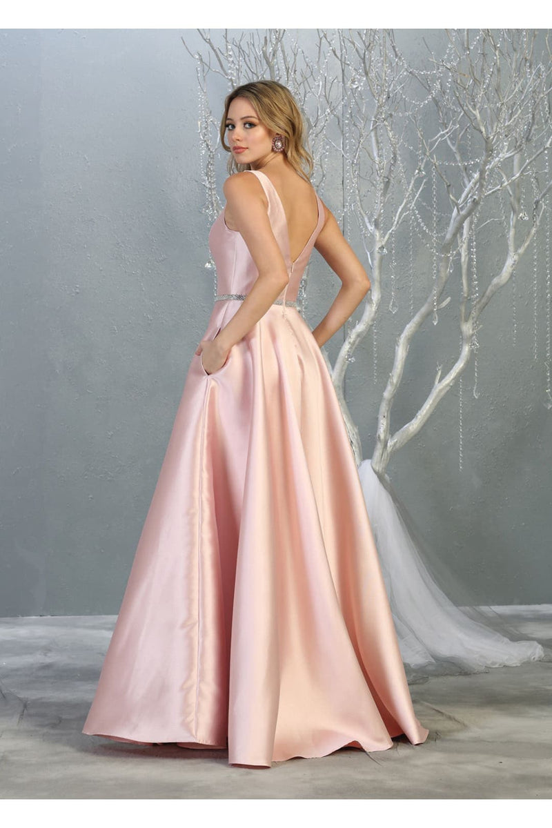 A Line Plunging V Neck Evening Gown Side Pockets Sleeveless Prom Dress