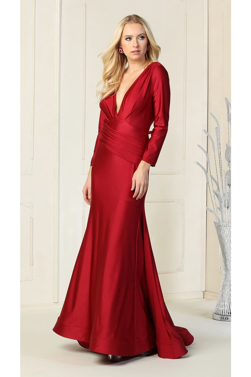 Long Sleeve Formal Gown Stretchy Bodycon Mermaid V-Neck Evening Dress
