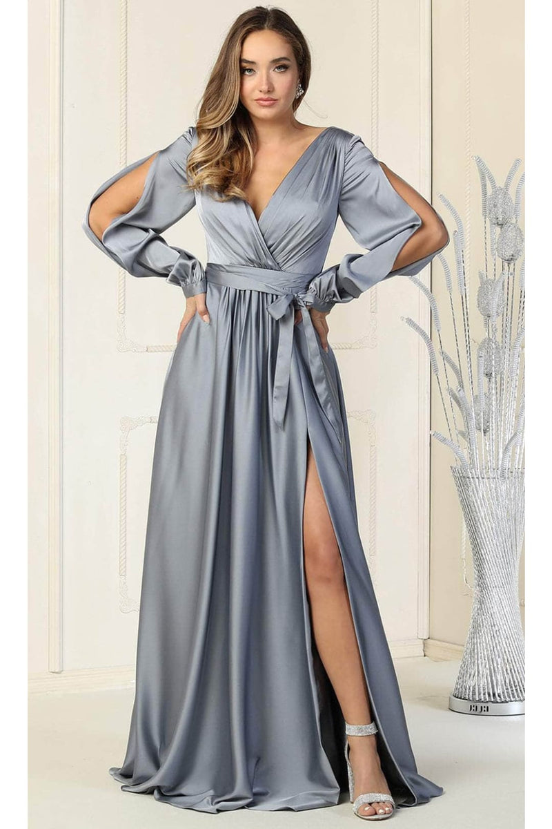 May Queen MQ1857 Split Long Sleeve High Slit Simple Evening Gown