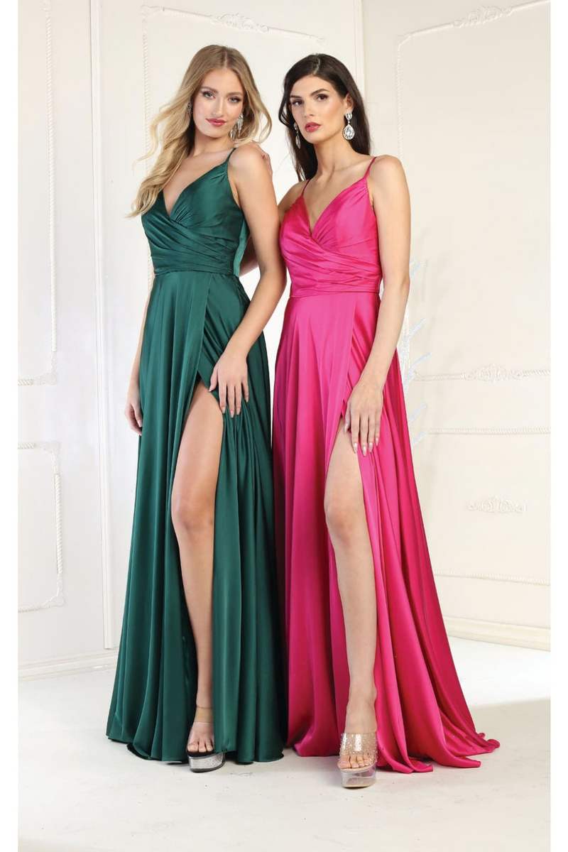 Long Simple Prom Dress V-Neck A-Line Satin Slit Formal Evening Gown by MQ1945