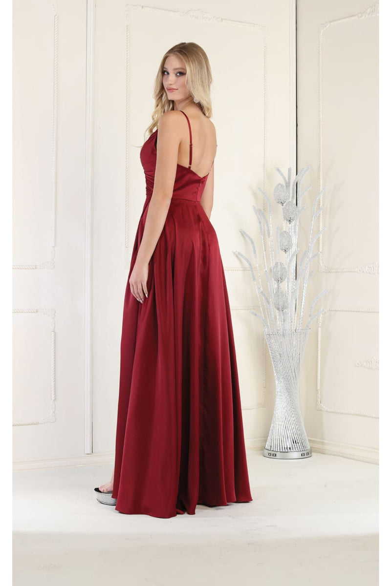 Long Simple Prom Dress V-Neck A-Line Satin Slit Formal Evening Gown by MQ1945