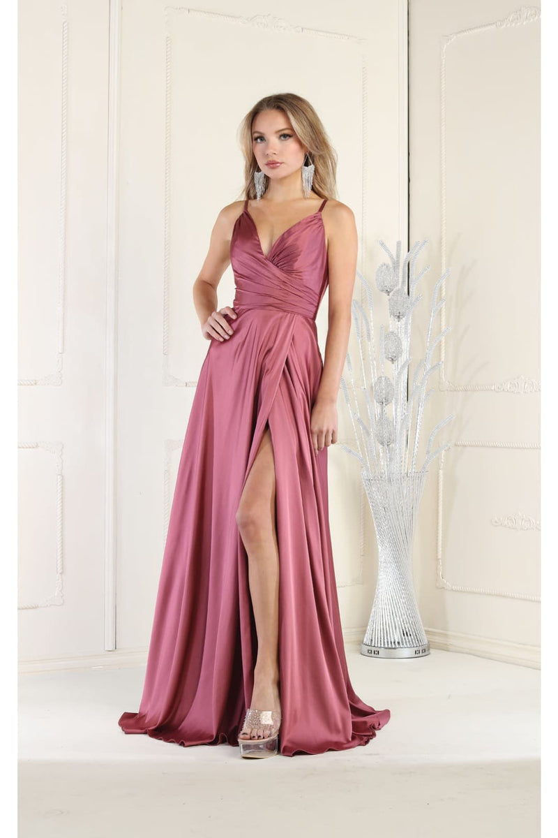 Long Simple Prom Dress V-Neck A-Line Satin Slit Formal Evening Gown by MQ1945