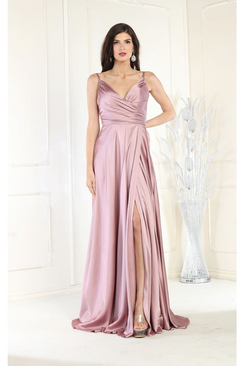 Long Simple Prom Dress V-Neck A-Line Satin Slit Formal Evening Gown by MQ1945