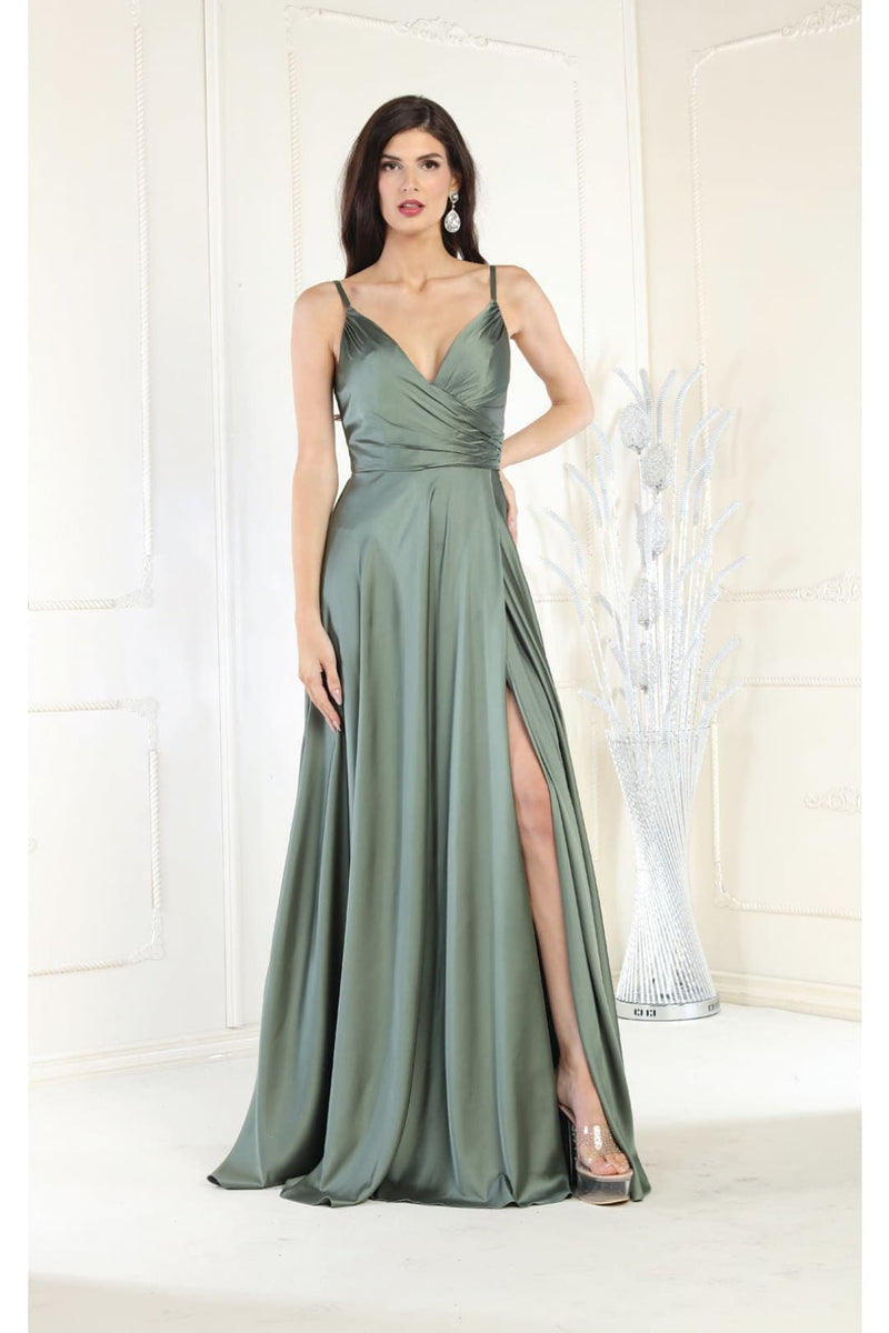 Long Simple Prom Dress V-Neck A-Line Satin Slit Formal Evening Gown by MQ1945
