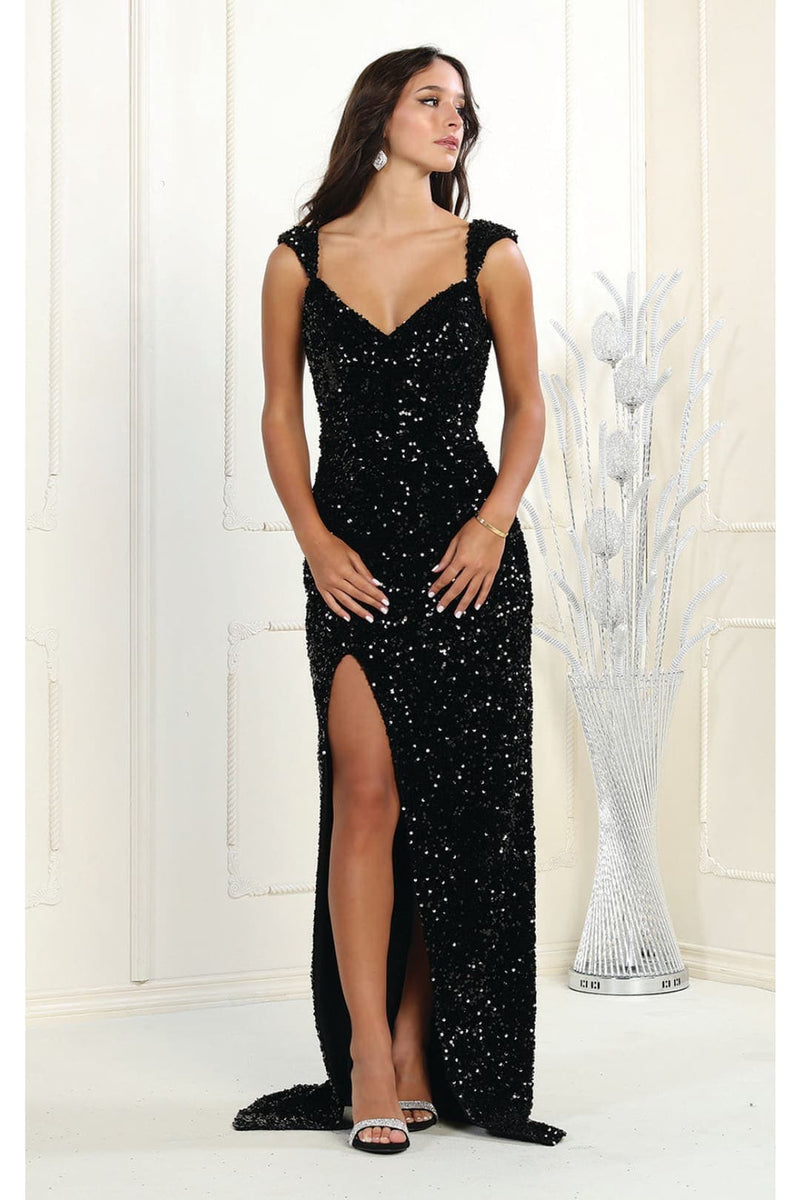 May Queen MQ1957 Off Shoulder V-Neck Long Sequin Dress