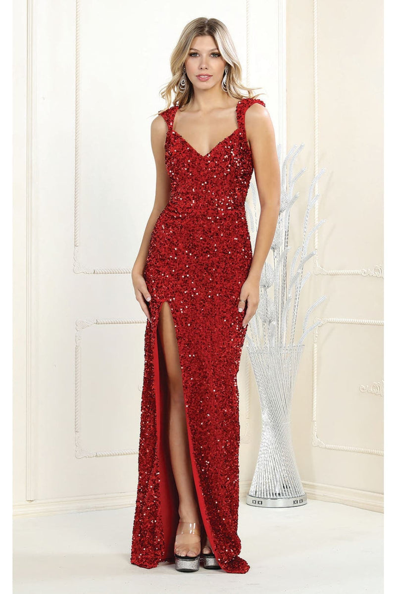 May Queen MQ1957 Off Shoulder V-Neck Long Sequin Dress