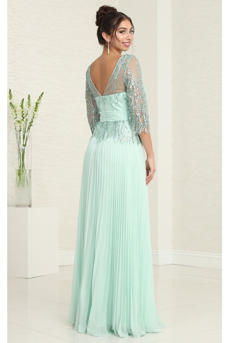 May Queen MQ2007 3/4 Sleeves Rhinestone Beaded Pleated Evening Gown