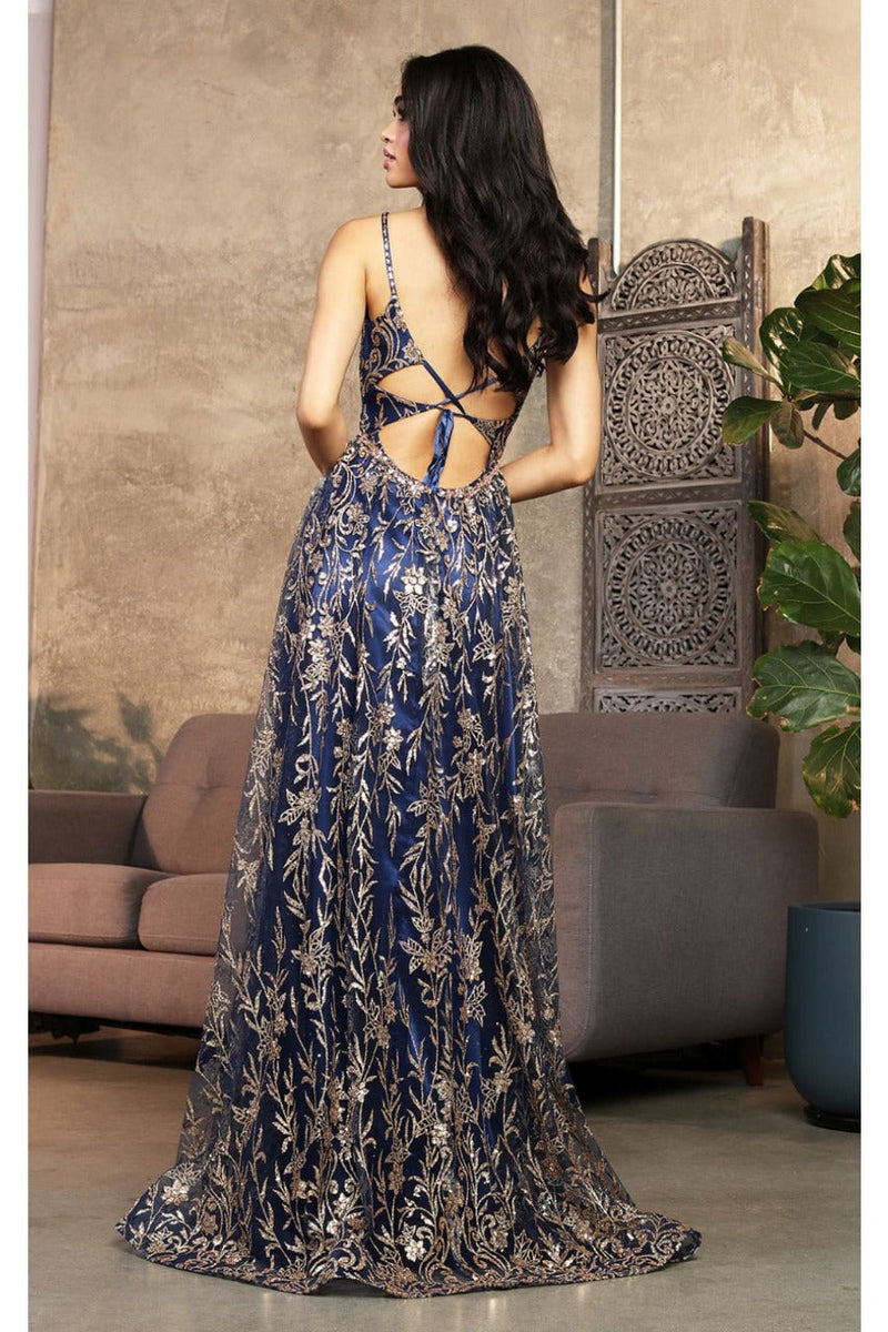 May Queen MQ2017 Floral Glitter Motif Backless Prom Evening Gown