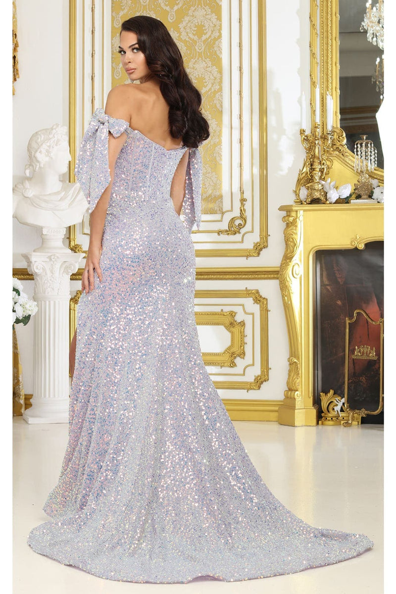 May Queen MQ2023 Bow Off Shoulder Sequin Long Lilac Prom Evening Gown