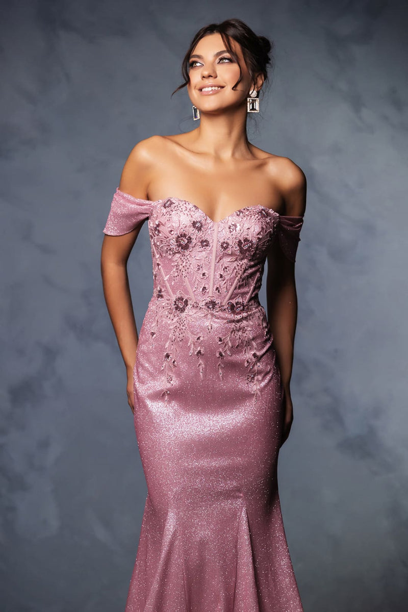 May Queen MQ2104 Draped Sleeves Corset Glitter Red Carpet Gown
