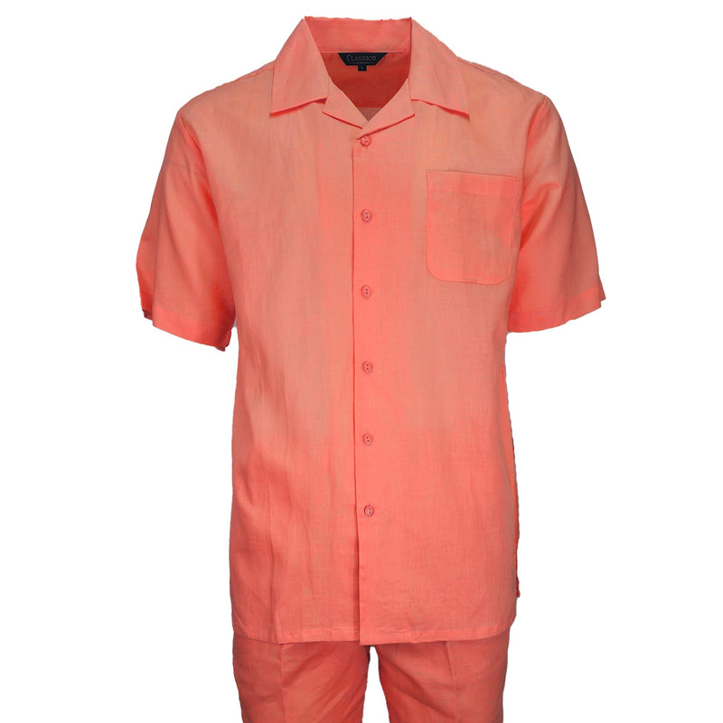 Mens Melon Linen Shirt and Pants Casual Outfit Set