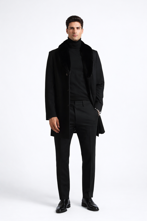 Men Black Overcoat With Fur Collar Wool Topcoats