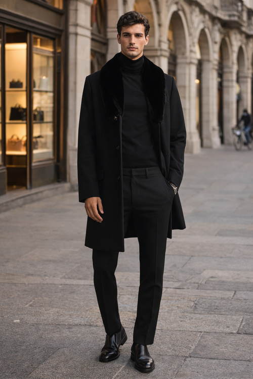 Men Black Overcoat With Fur Collar Wool Topcoats