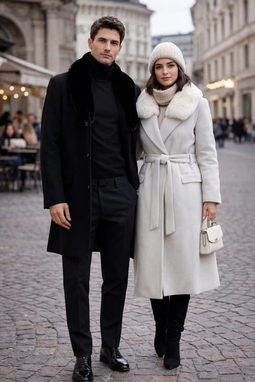 Men Black Overcoat With Fur Collar Wool Topcoats
