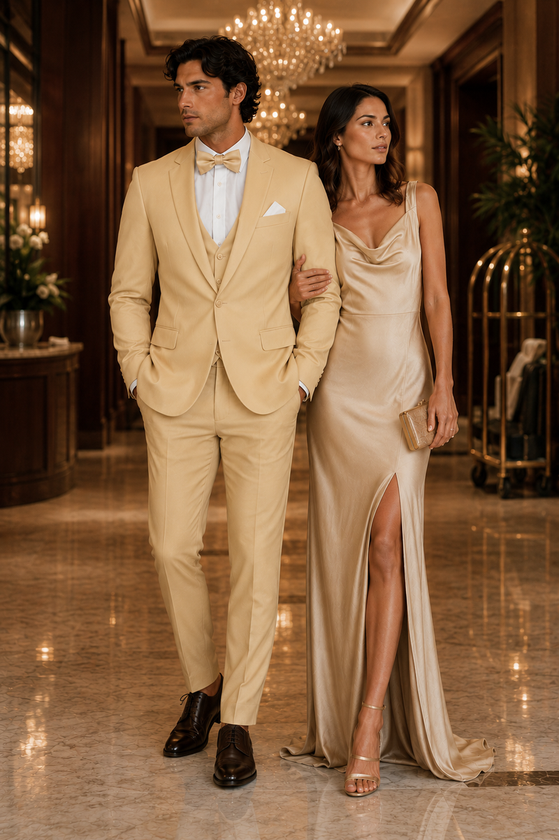 Men Champagne Suit - Light Gold Color Shiny Suit - Sateen Suit - Wedding Tuxedo Suit