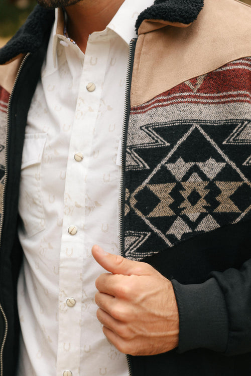 Men’s Tribal Aztec Quilted Jacket – Black & Beige Twill with Suede Touch