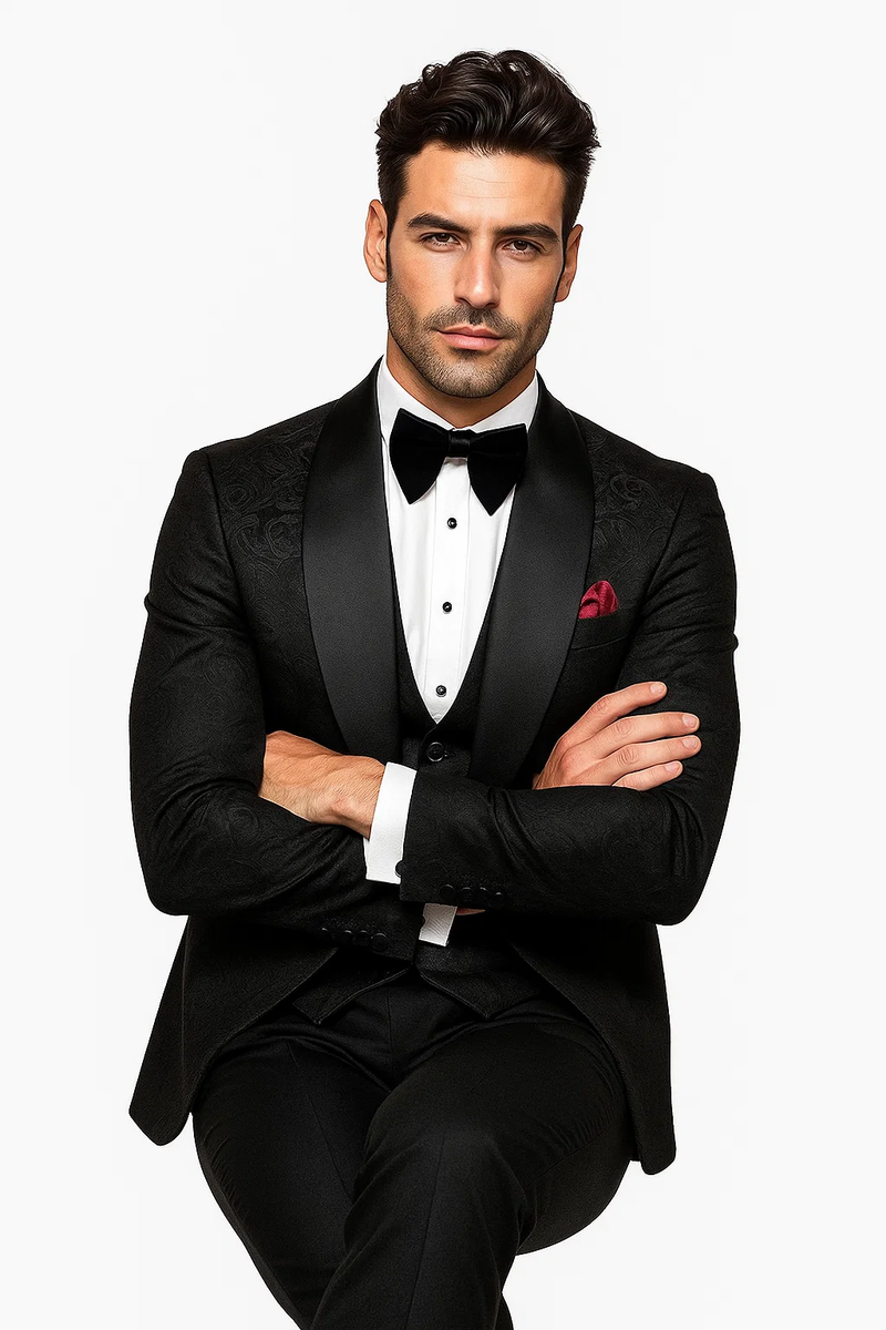 Men One Button Floral All Black Tuxedo with Shawl Lapel – 3 Piece