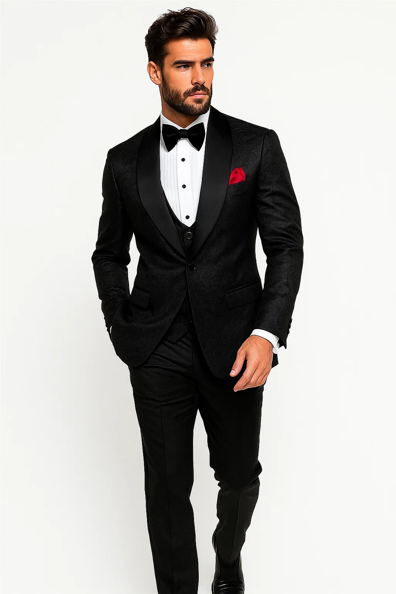 Men One Button Floral All Black Tuxedo with Shawl Lapel – 3 Piece
