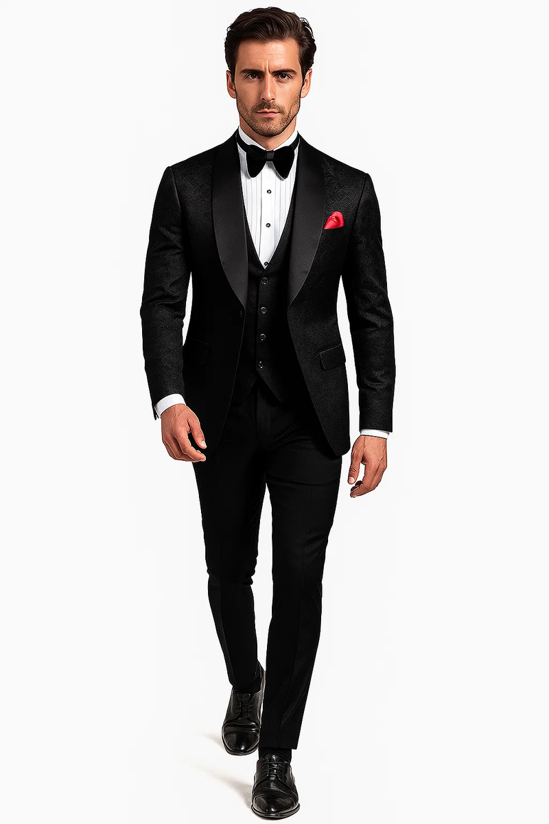 Men One Button Floral All Black Tuxedo with Shawl Lapel – 3 Piece
