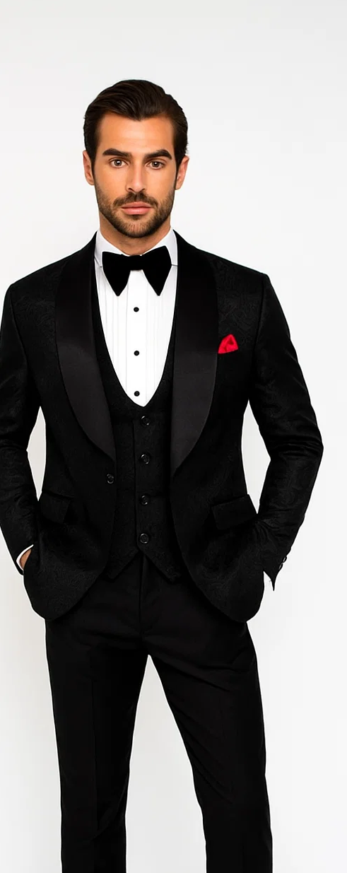 Men One Button Floral All Black Tuxedo with Shawl Lapel – 3 Piece