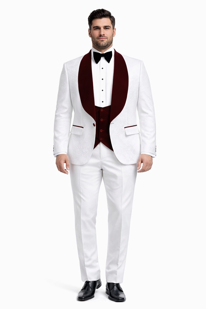 Men One Button Floral White and Burgundy Tuxedo 3 Piece