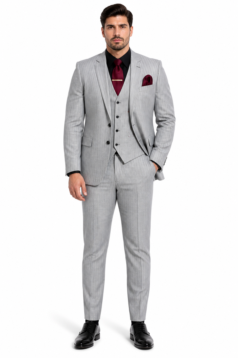 Mens 3-Piece Light Grey Pinstripe Suit with Vest Classic Business, Wedding, and Formal Attire
