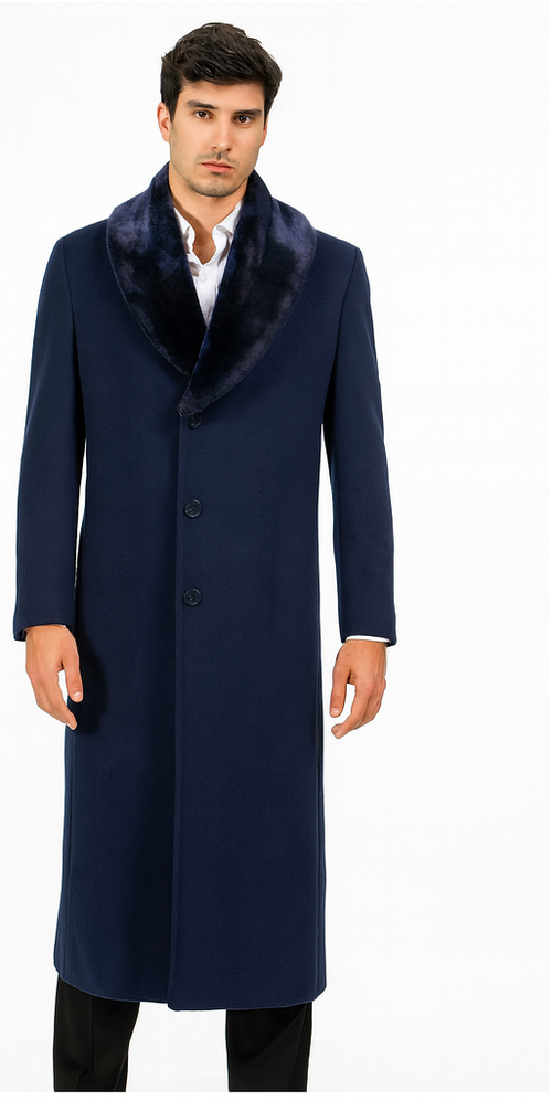 Mens Wool Cashmere Full Length Blue Fur Collar Overcoat