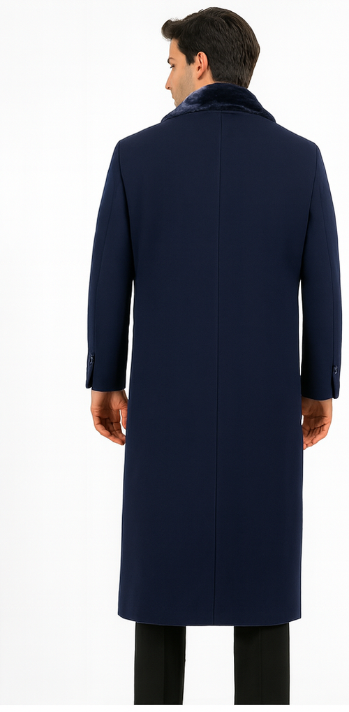 Mens Wool Cashmere Full Length Blue Fur Collar Overcoat
