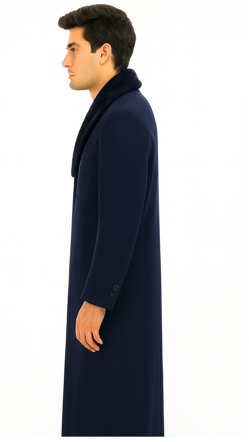 Mens Wool Cashmere Full Length Blue Fur Collar Overcoat