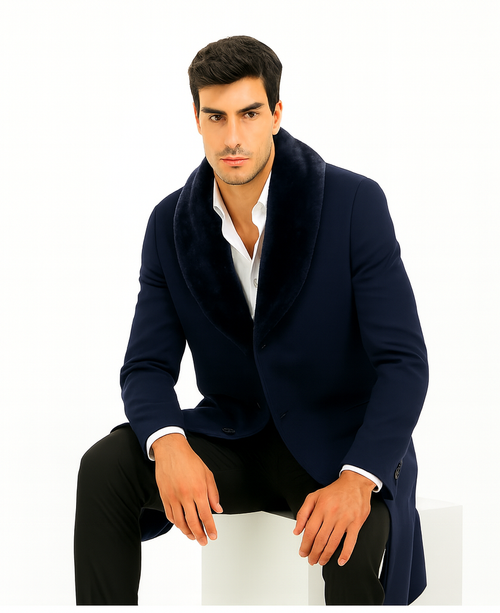 Mens Wool Cashmere Full Length Blue Fur Collar Overcoat