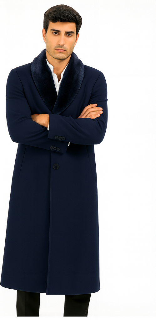 Mens Wool Cashmere Full Length Blue Fur Collar Overcoat