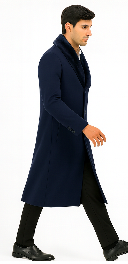 Mens Wool Cashmere Full Length Blue Fur Collar Overcoat