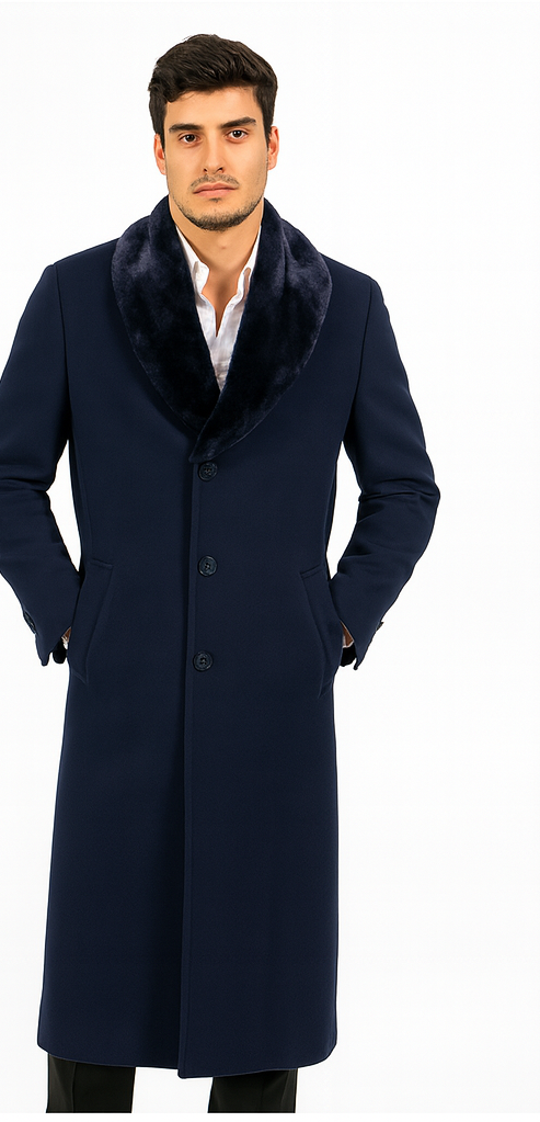 Mens Wool Cashmere Full Length Blue Fur Collar Overcoat