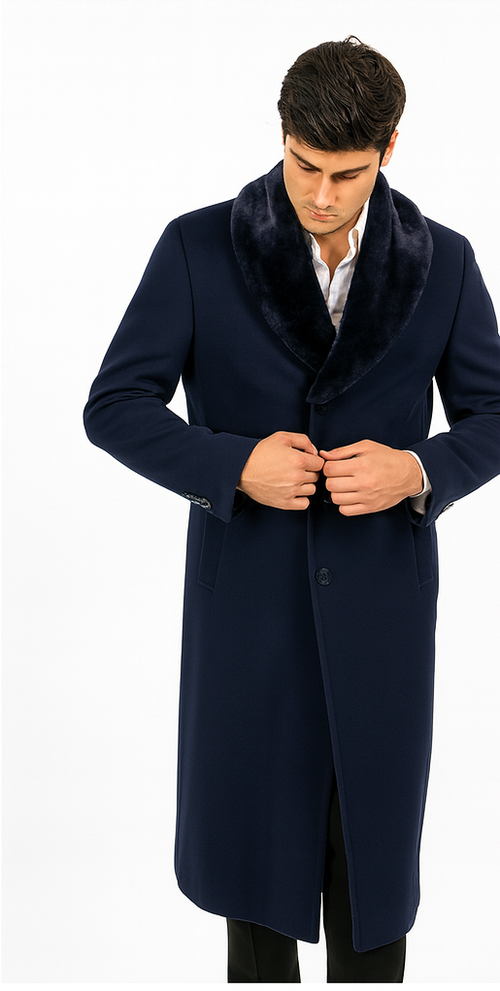 Mens Wool Cashmere Full Length Blue Fur Collar Overcoat
