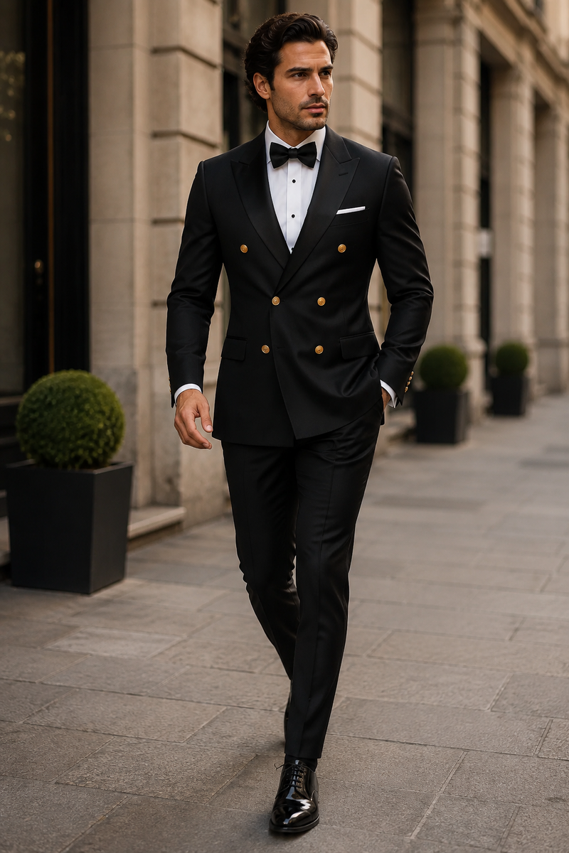 Mens Black Double-Breasted Tuxedo - Classic Shawl Lapel Suit with Gold Buttons for Weddings, Galas, and Black Tie Events