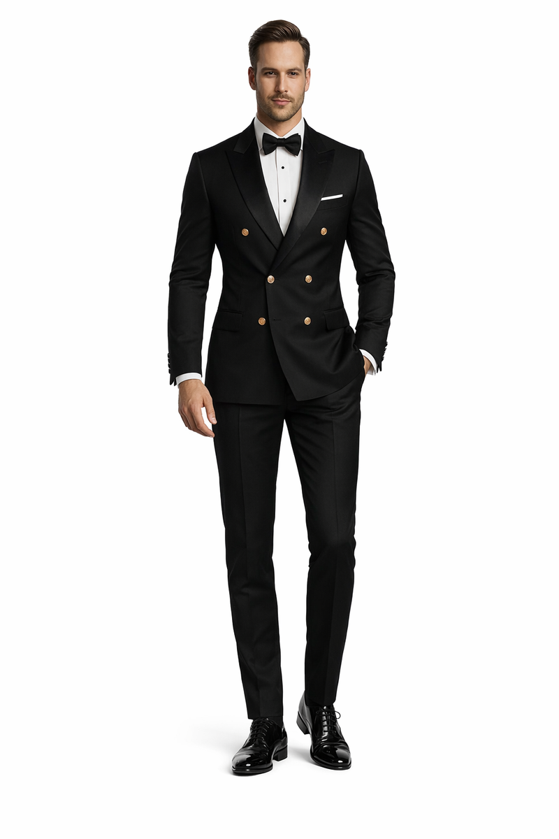 Mens Black Double-Breasted Tuxedo - Classic Shawl Lapel Suit with Gold Buttons for Weddings, Galas, and Black Tie Events