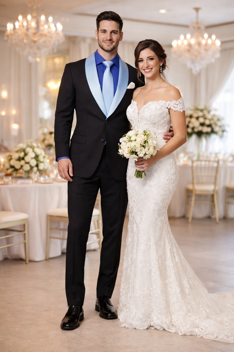 Men’s Black Formal Suit with White & Sky Blue Shawl Lapel – Modern Fit