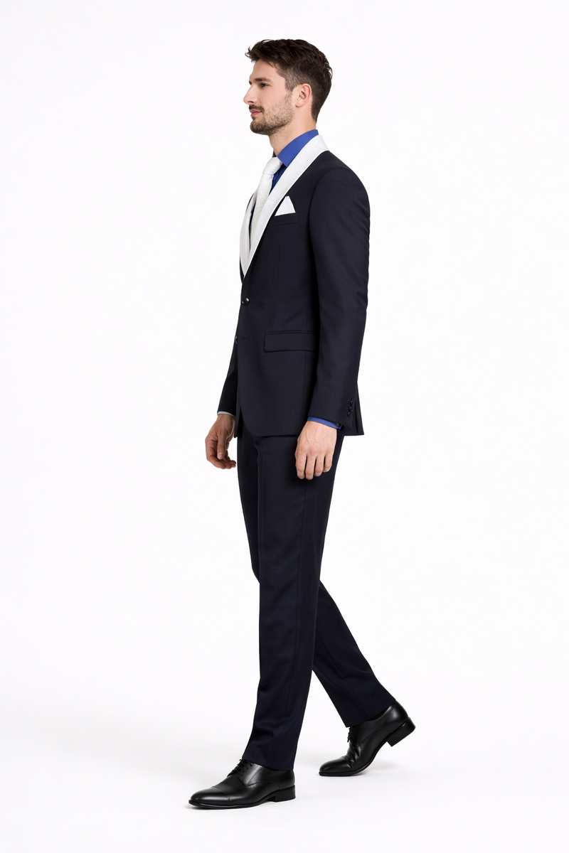 Men’s Black Formal Suit with White & Sky Blue Shawl Lapel – Modern Fit