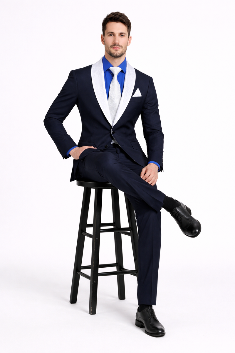 Men’s Black Formal Suit with White & Sky Blue Shawl Lapel – Modern Fit