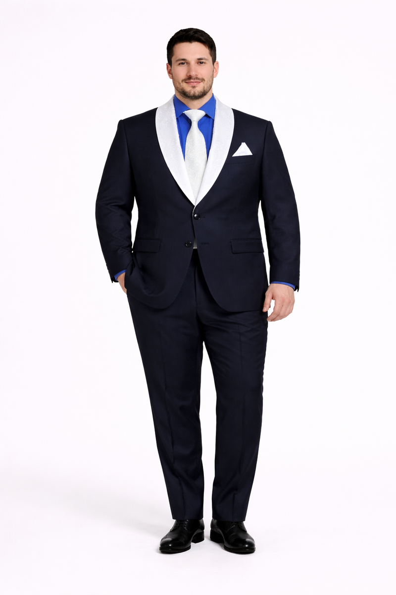 Men’s Black Formal Suit with White & Sky Blue Shawl Lapel – Modern Fit