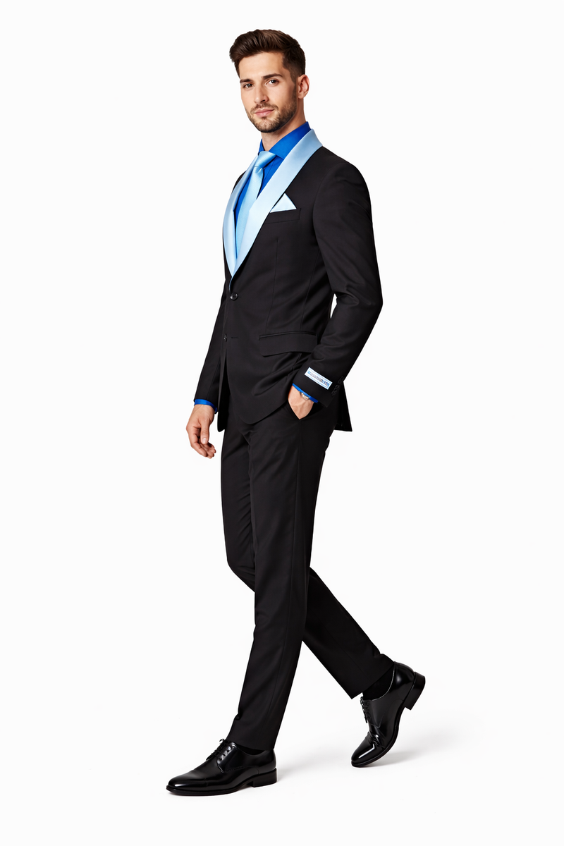 Men’s Black Formal Suit with White & Sky Blue Shawl Lapel – Modern Fit