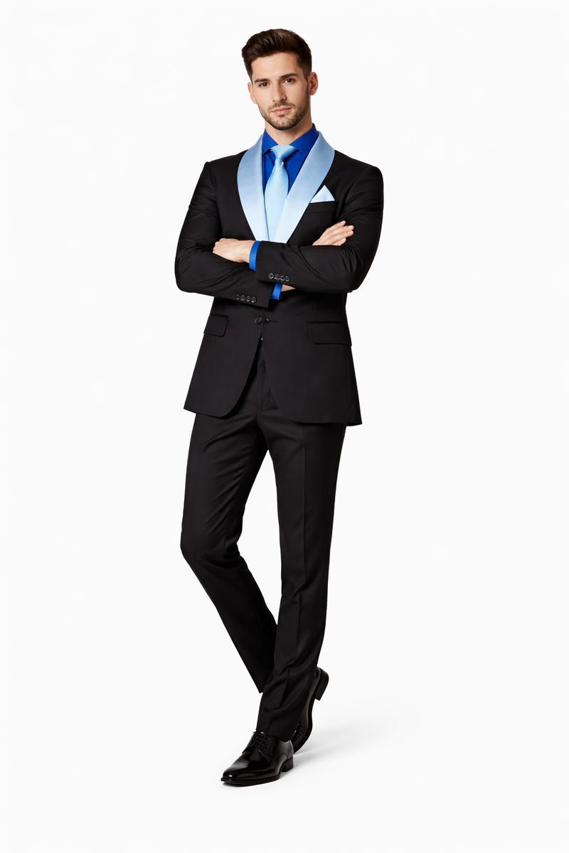 Men’s Black Formal Suit with White & Sky Blue Shawl Lapel – Modern Fit