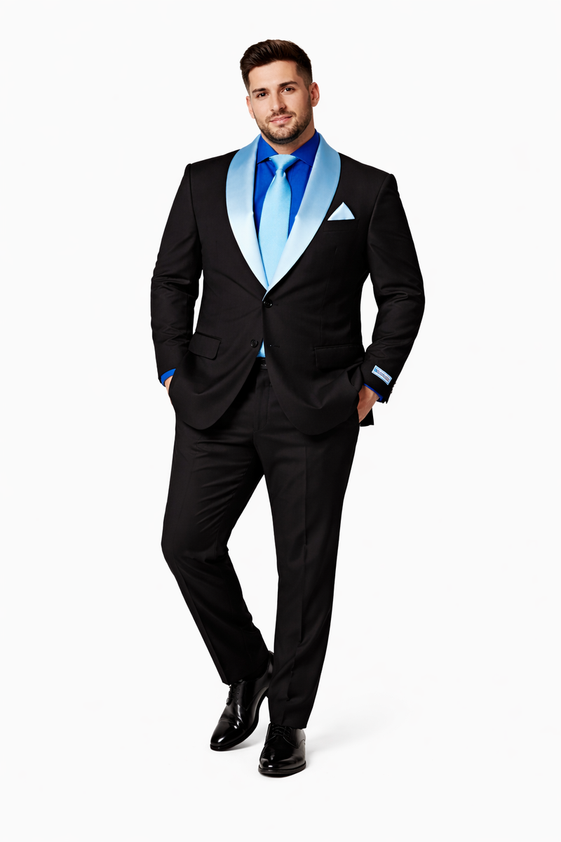 Men’s Black Formal Suit with White & Sky Blue Shawl Lapel – Modern Fit