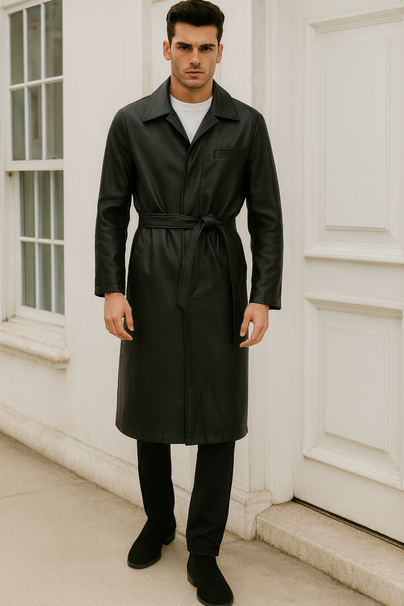 Men's long black PU trench coat with collar, front pocket, and waist belt. Full-length design in a leather-like material. Classic belted style.