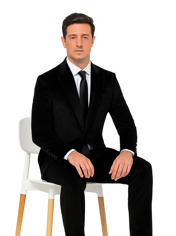 Tazzio men's black velvet 2-piece suit. Peak lapel, slim fit. Solid black, velvet fabric. Jacket: 2-button closure, side pockets. Pants tailored to match.