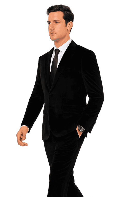 Tazzio men's black velvet tuxedo. Slim fit, peaked lapel, and monochromatic black. Soft velvet blazer and matching trousers, tailored for a streamlined silhouette.