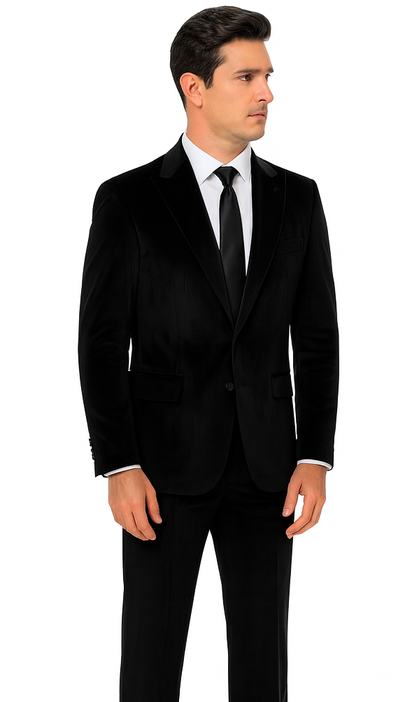 Tazzio men's black velvet 2-piece suit. Slim fit, peak lapel jacket with a single-button closure and two front pockets. Matching velvet trousers complete the sleek, all-black ensemble.