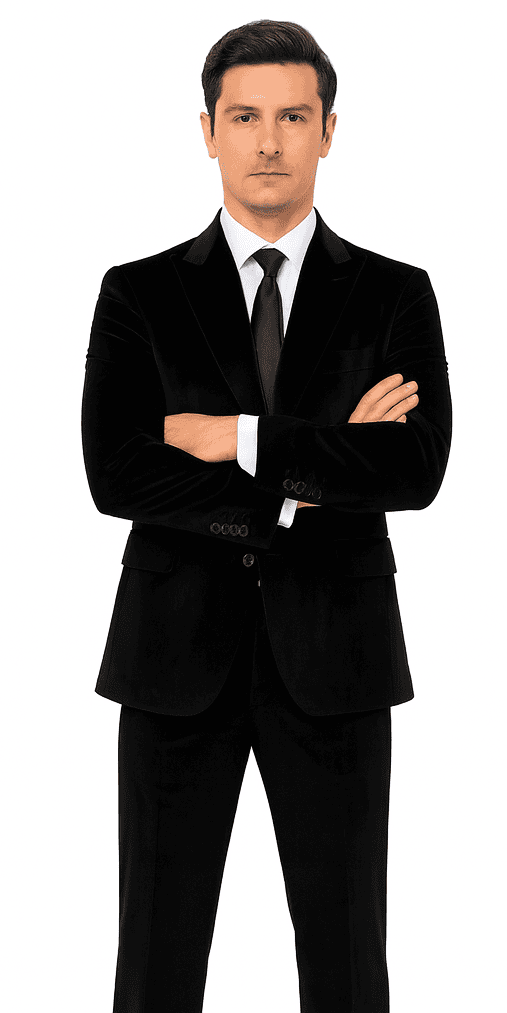 Tazzio men's black velvet 2-piece suit. Slim fit, peak lapel, two-button jacket, and flat-front trousers. Soft, sleek black velvet.