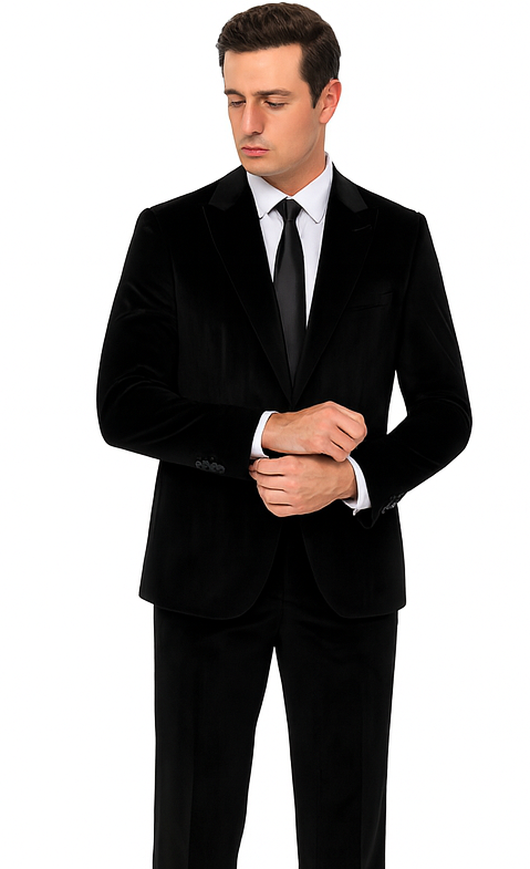 Tazzio Men’s Black Velvet 2-Piece Suit – Peak Lapel Slim Fit Tuxedo